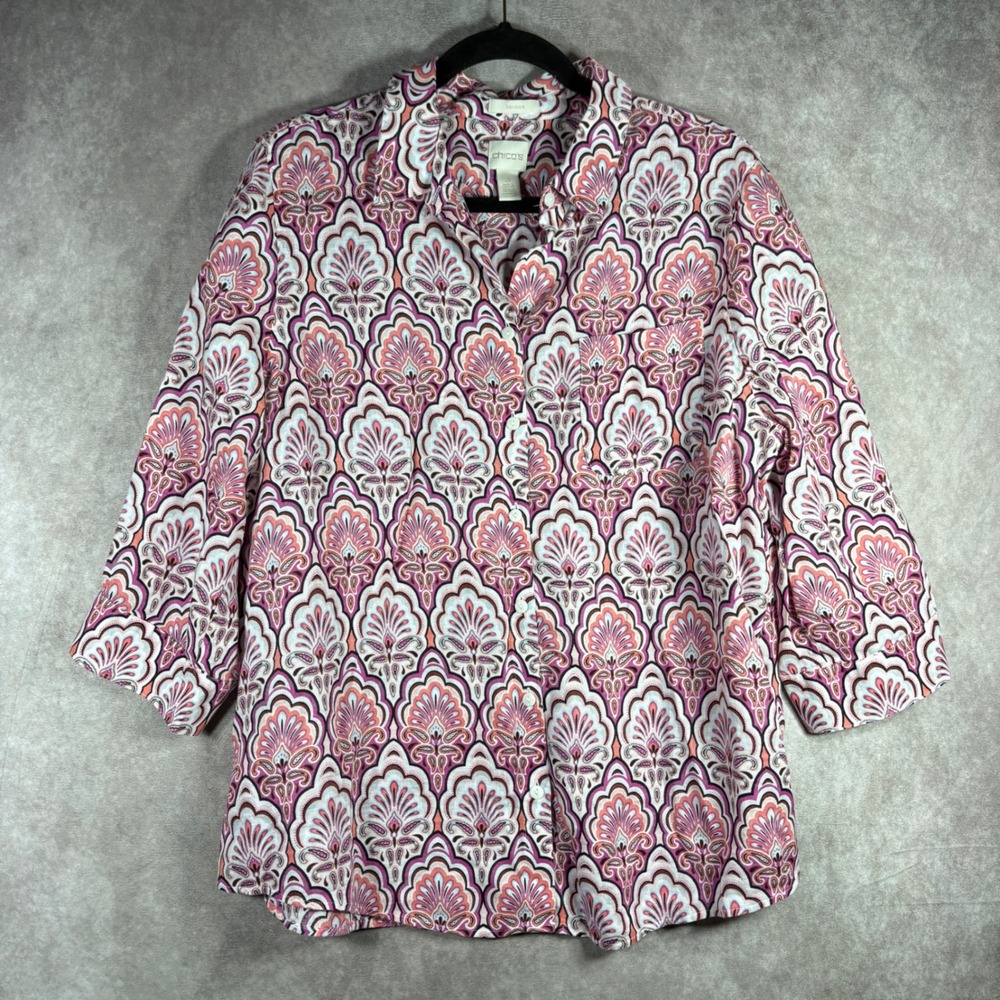Chico's Shirt Womens 3 US XL Pink No-Iron Linen Paisley Medallion Button Down